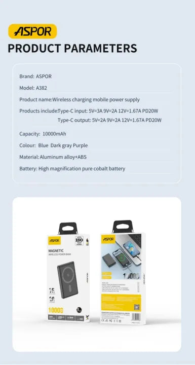 Aspor Magnetic Wireless Power Bank 10000mAh (Model: A382)